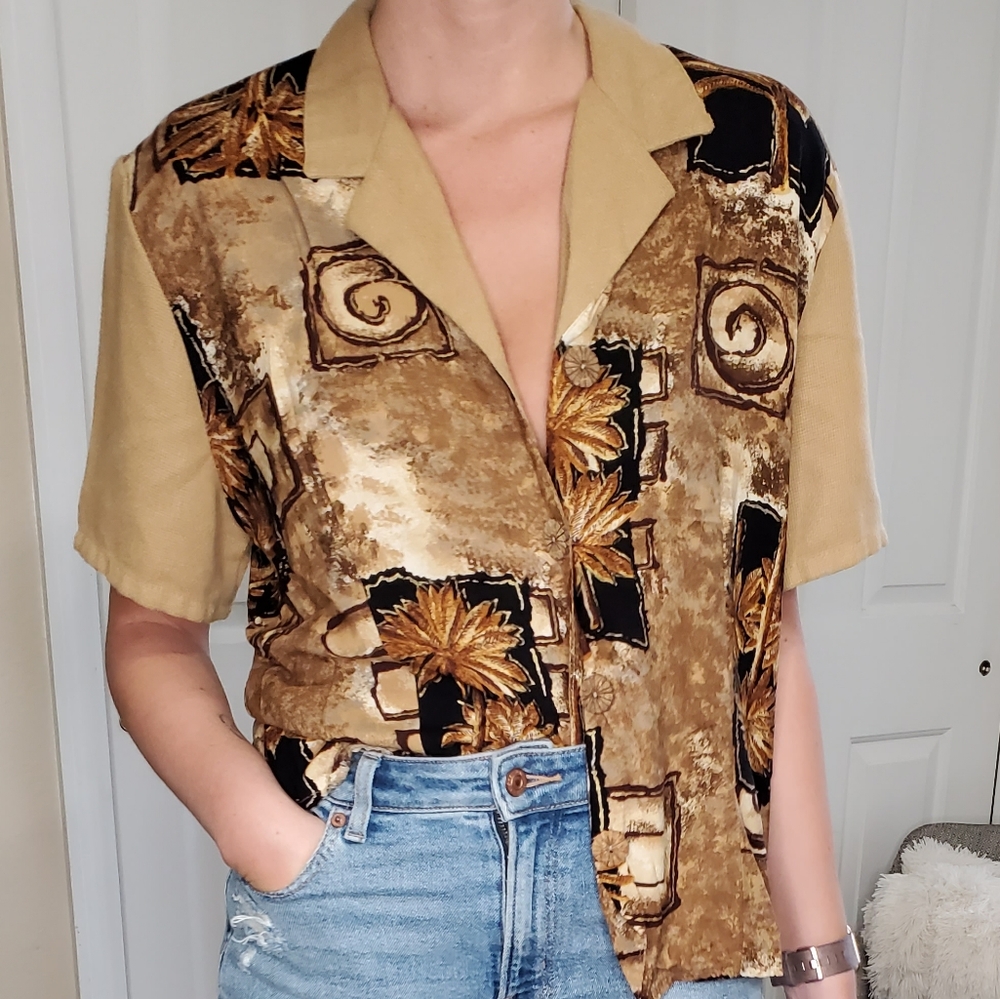80s Retro Button Down Palm Tree Collared Shirt